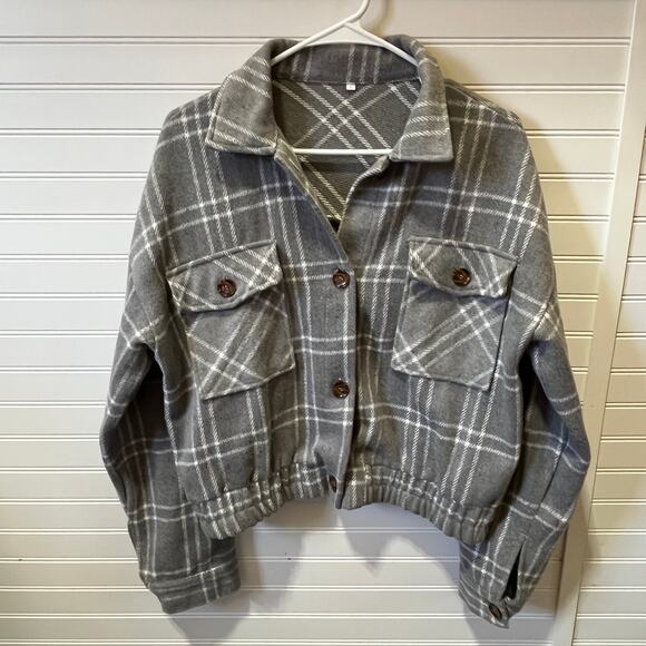 Shacket Flannel Windowpane Button Front Cropped Shacket Size L - Picture 1 of 10